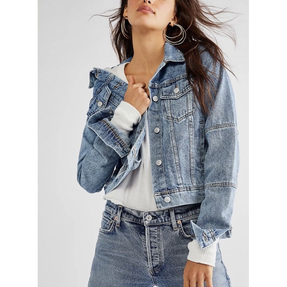 Free People Rumors Denim Jacket Light Wash Acid Cropped Denim Size XS